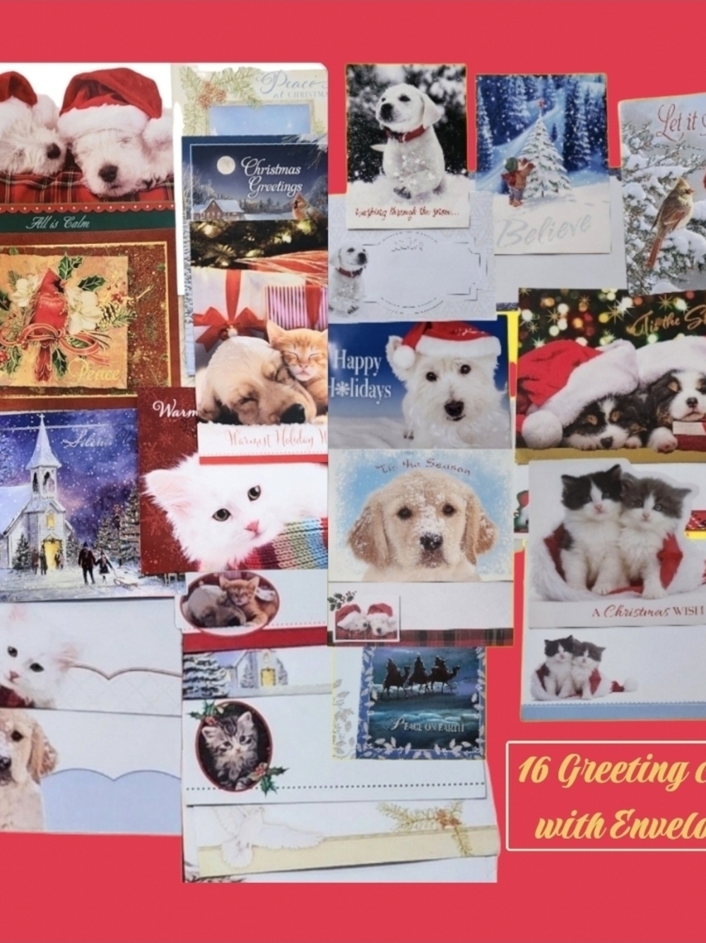 16 Holiday Pet Greeting Cards With 16 Envelopes, Assorted Dog & Cat Designs